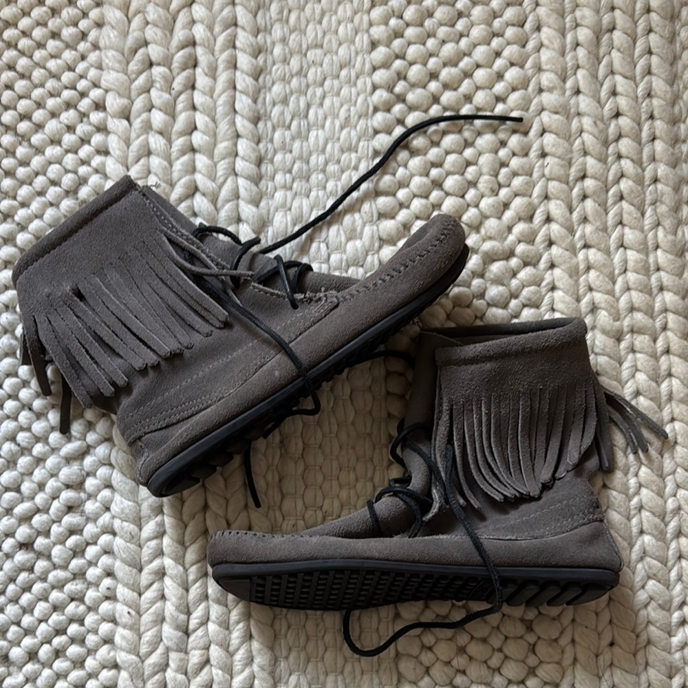 Minnetonka Fringe Ankle Boots in Gray